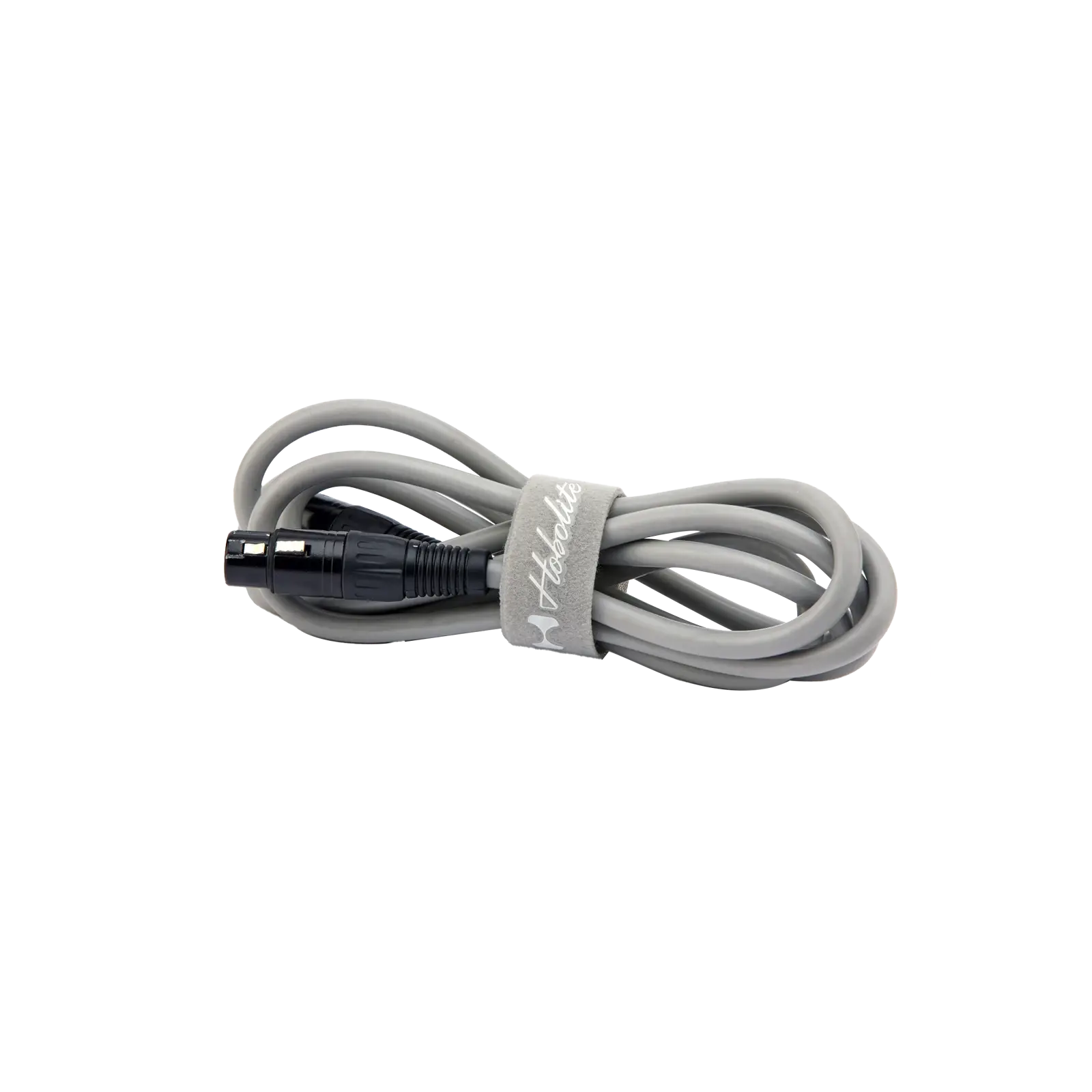 Coiled grey Hobolite Pro DC cable with black connector, secured by velcro strap with Hobolite logo.