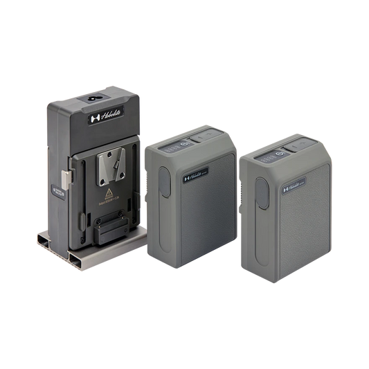 Hobolite Dual V-Mount Charger shown with two gray 95W V-mount battery packs side by side