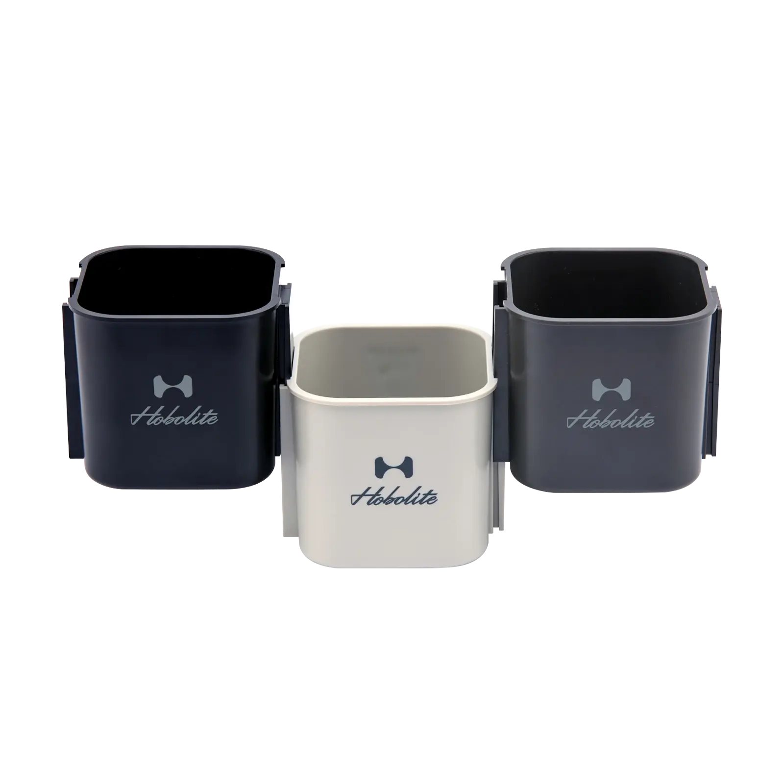 Hobolite Cup Holder Set: three navy blue, dark gray, off-white holders with logo, interlocking for light stands.