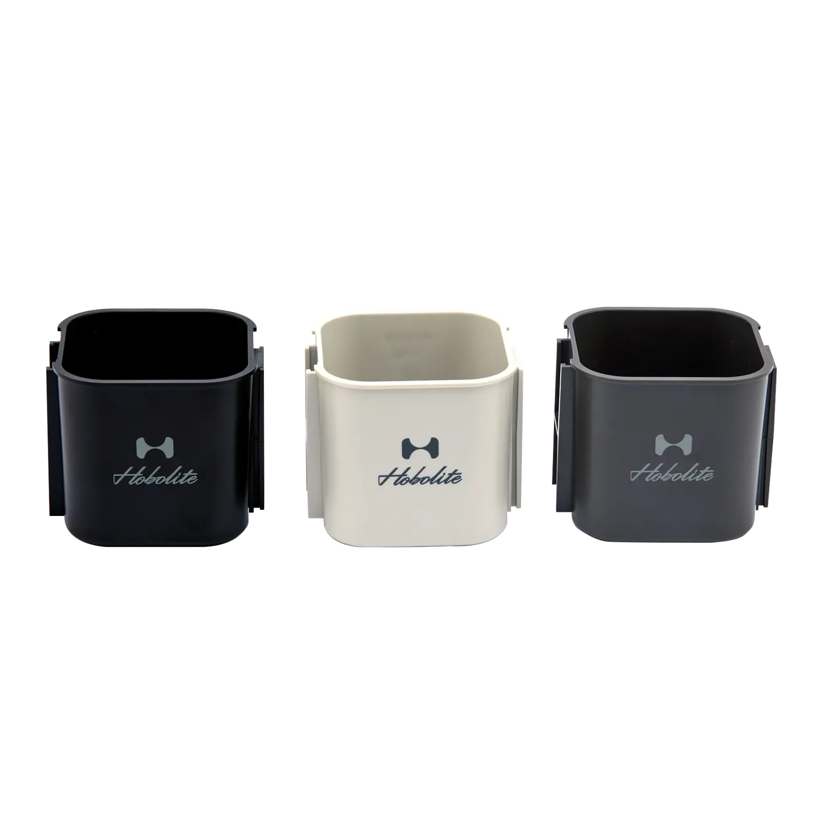 Hobolite cup holder set featuring black, off-white, and dark gray holders with the Hobolite logo, designed for light stands.