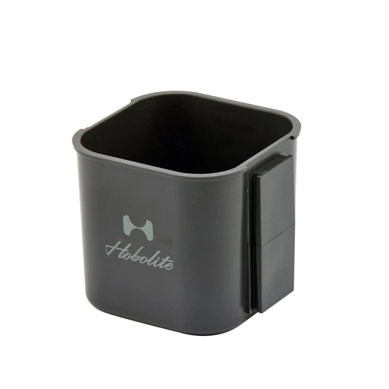 Dark gray Hobolite cup holder with signature logo, snaps together, attaches to light stands via V-Mount.
