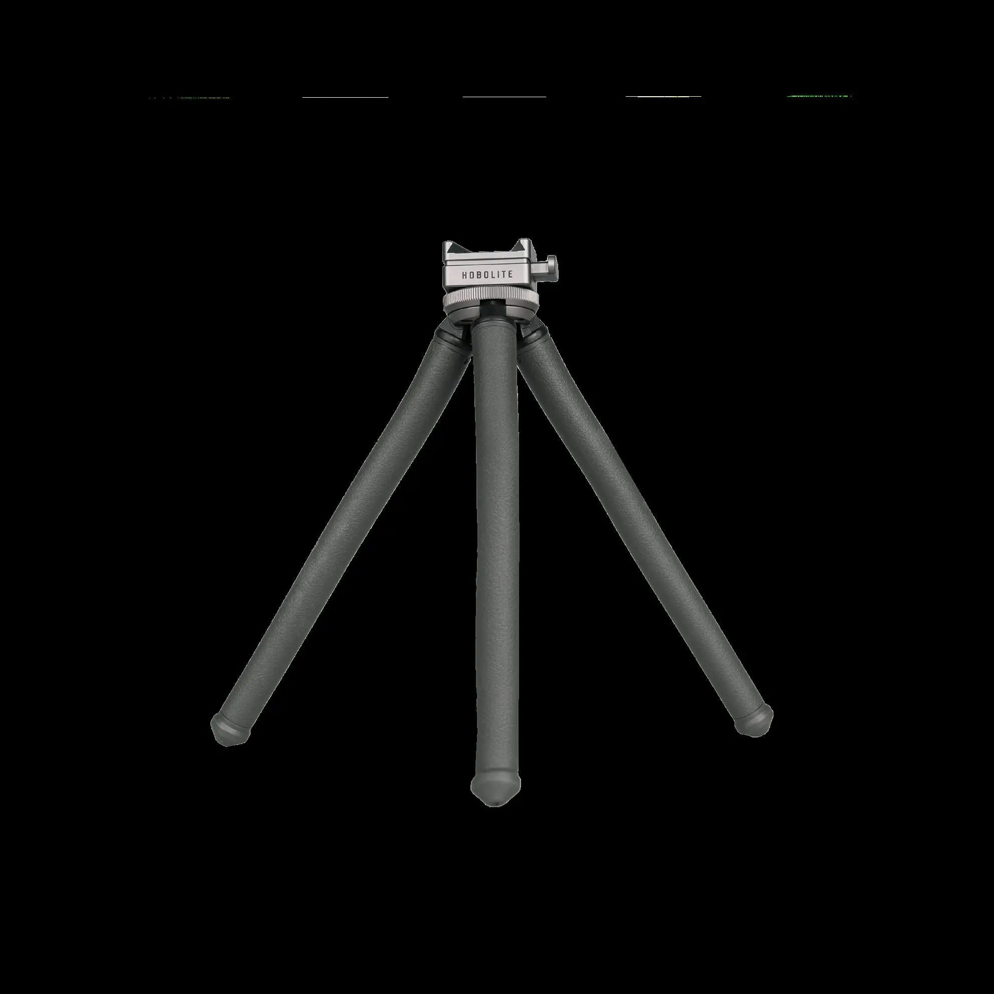 Hobolite FlexMount tripod with three flexible dark gray legs and V-mount adapter on black background for lighting.