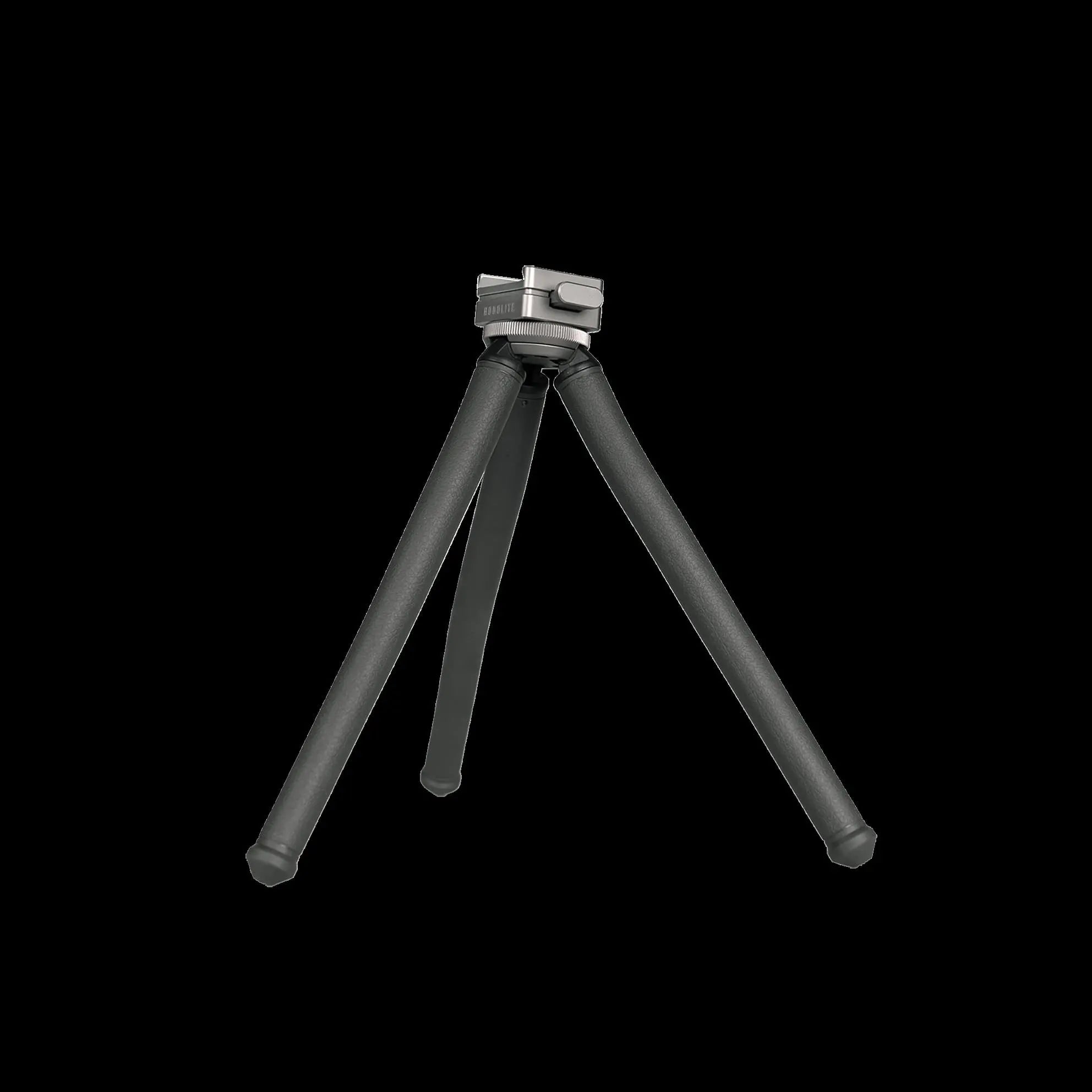 Hobolite FlexMount tripod with textured dark gray flexible legs and silver V-mount adapter on black background.