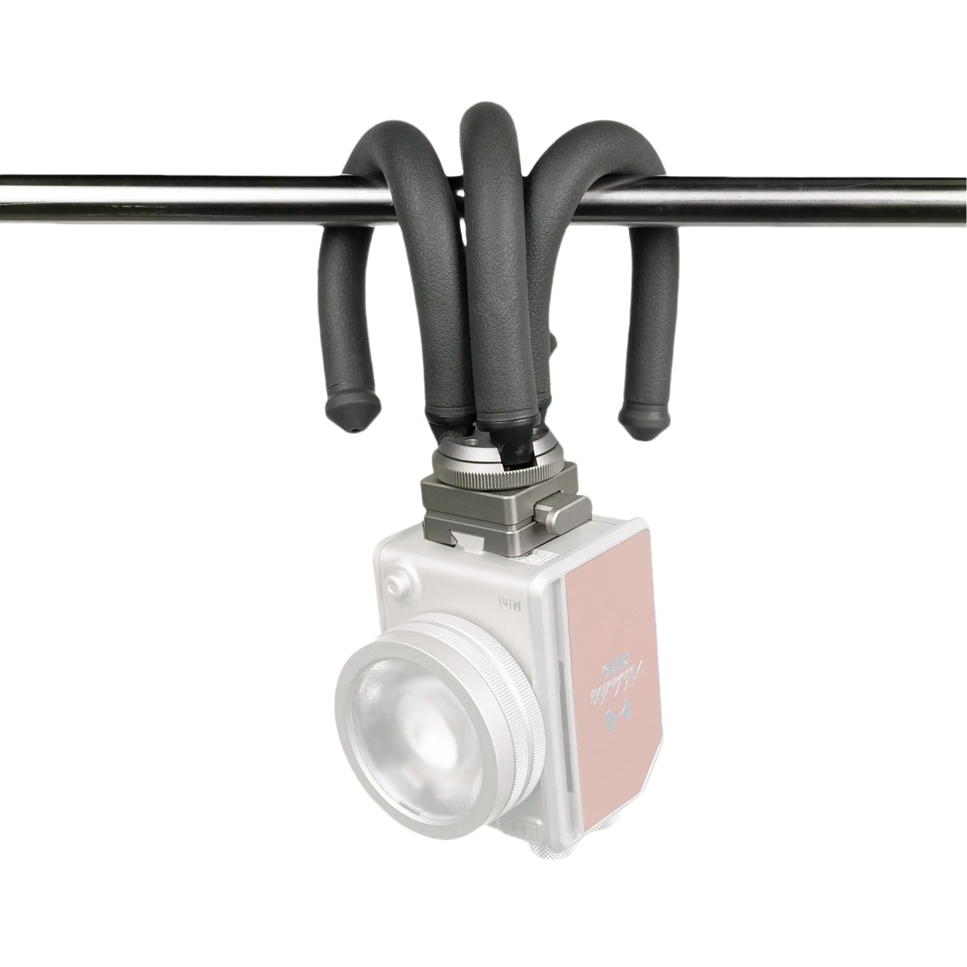 Hobolite FlexMount tripod wrapping around metal bar for lighting attachment.