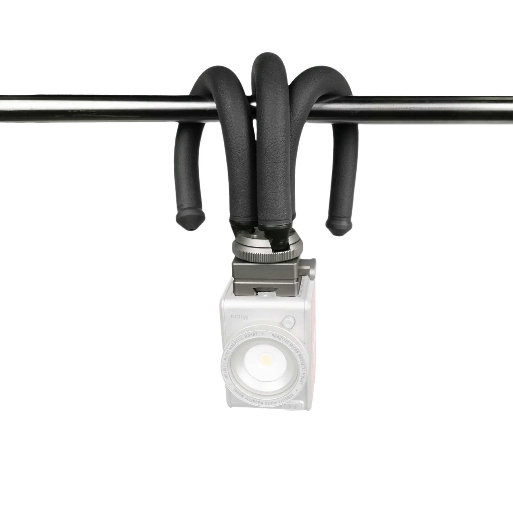 Hobolite FlexMount tripod with flexible legs wrapped around a metal bar, holding a small LED light.