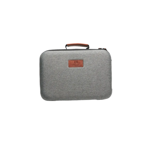 Gray Harlowe Max 80W Creator Kit Case with brown leather handle and logo patch for product appearance.