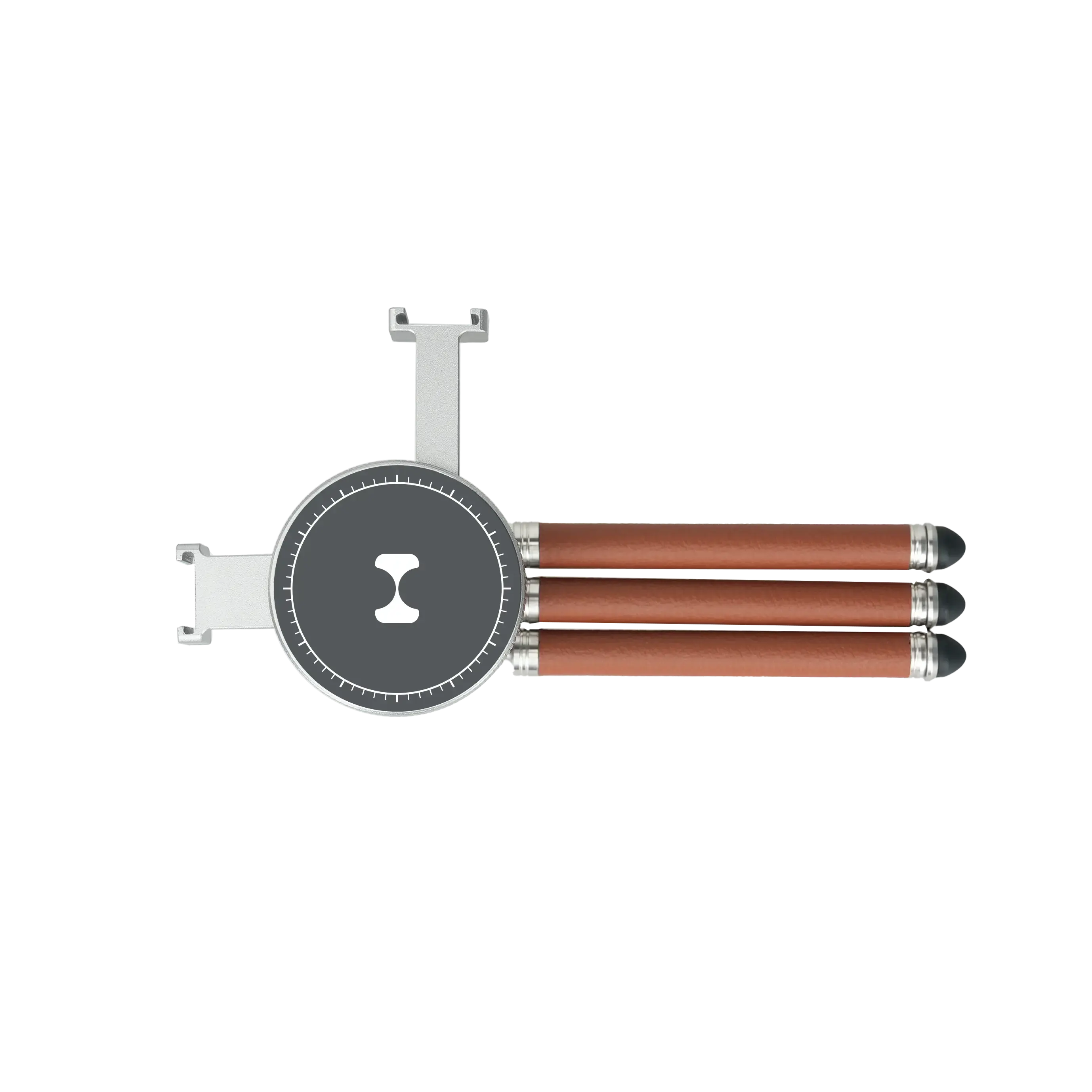 Harlowe Tabletop Tripod for MagSafe: brown leather legs, silver hub, dark grey magnetic mount with white cutout.