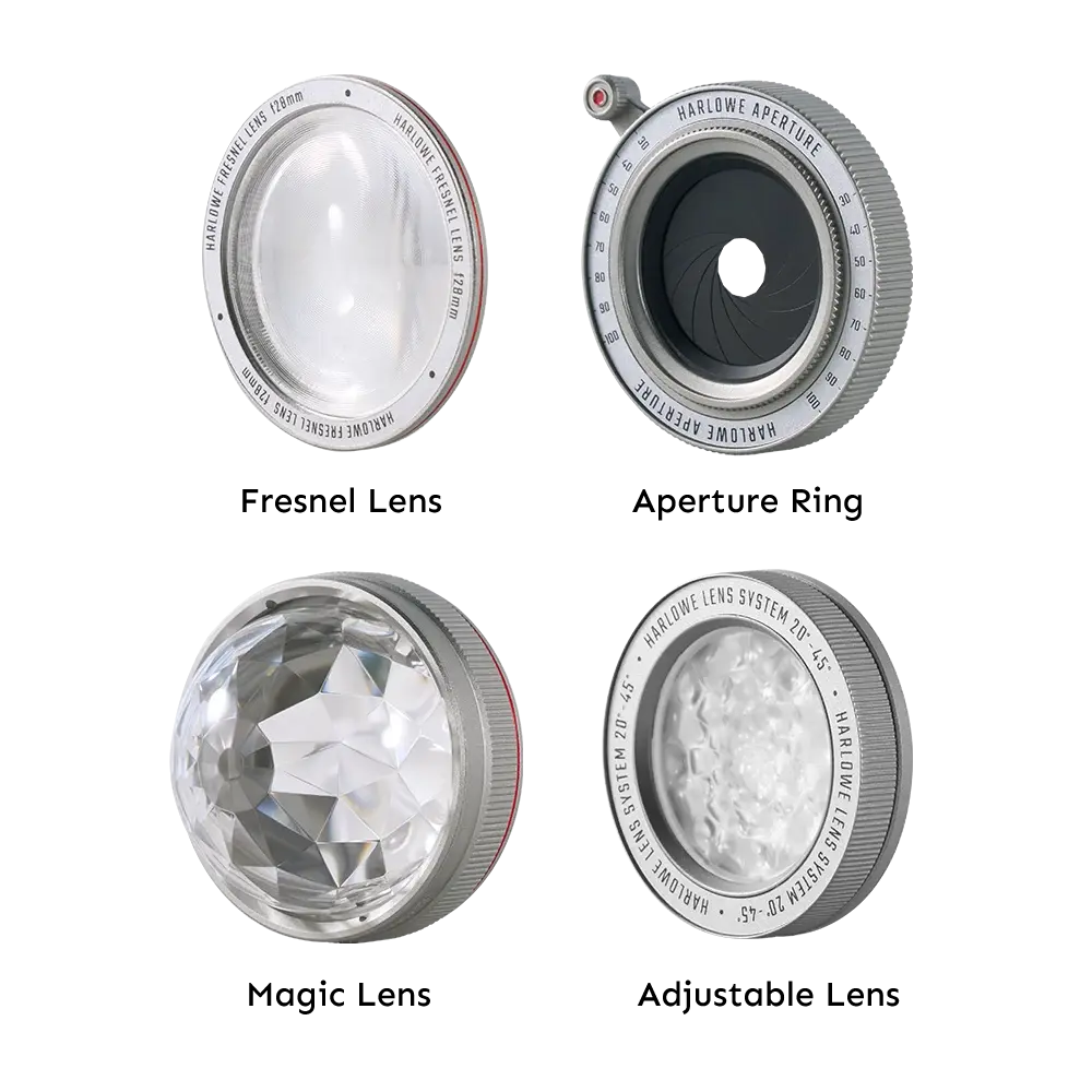 Harlowe light modifiers: Fresnel lens, aperture, crystal dome, patterned lens system for content creation.