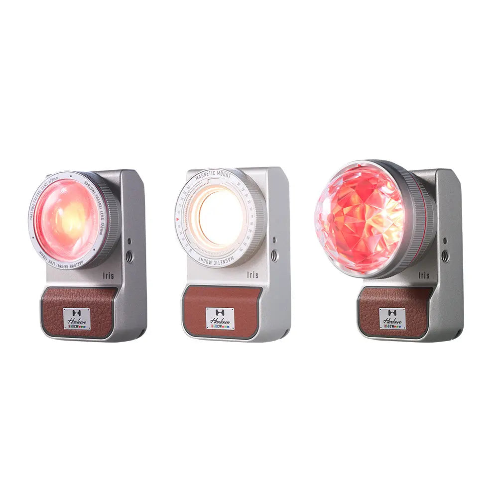 Harlowe Iris 5W Spectra RGBCW LED lights showcasing color versatility and design for content creators.