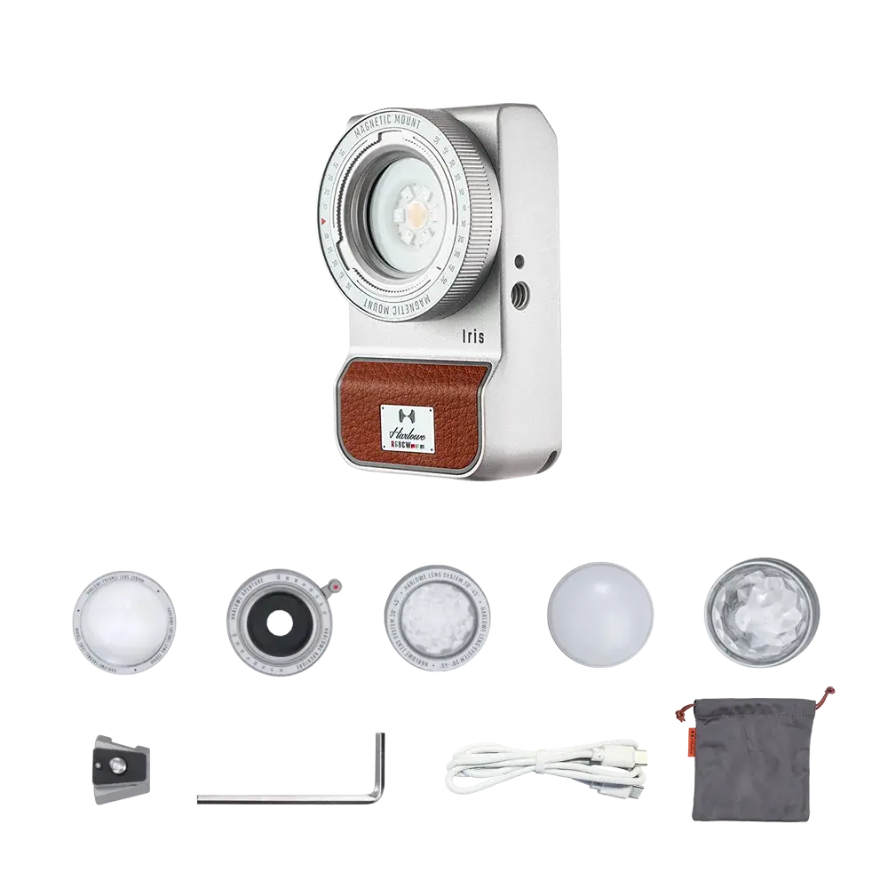 Harlowe Iris 5W Spectra LED kit: silver light, brown accent, magnetic mount, diffusers, cable, pouch.