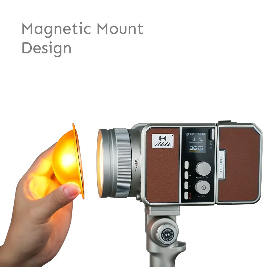 Magnetic orange color gel attaching to MAX series professional LED light, showcasing quick-mount design.