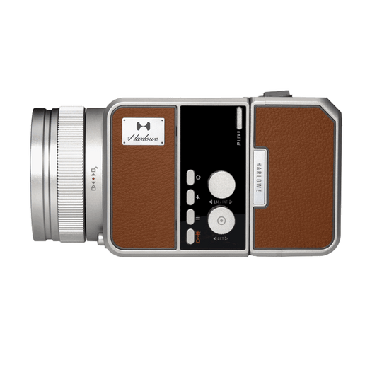 Vintage brown Harlowe 80W LED photography light kit with lens and controls for videography.