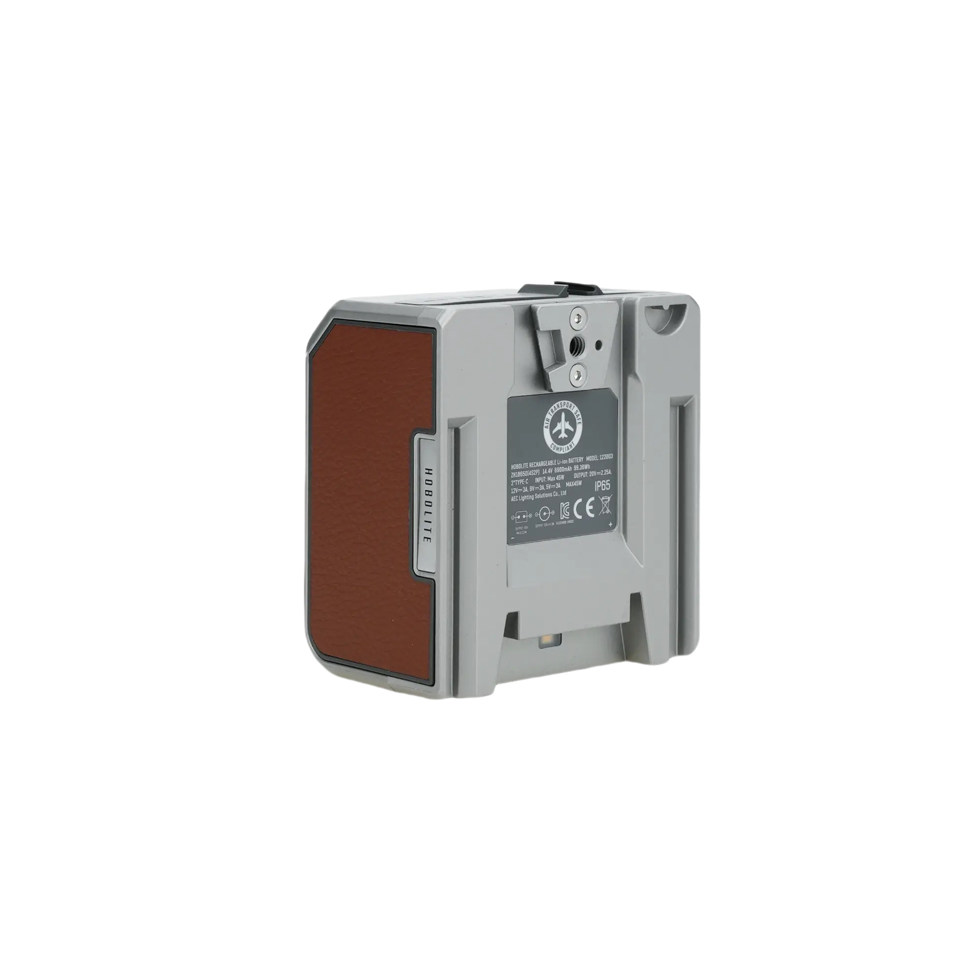 Hobolite Max 99Wh V-Mount battery pack: silver body, brown leather side, IP65 rating visible on back.