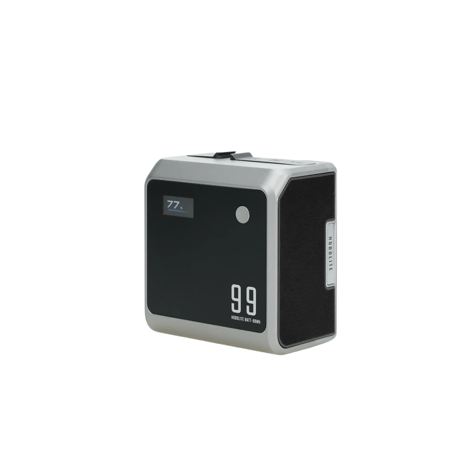Hobolite Max 99Wh V-Mount battery pack with silver frame, black front display showing 77% charge and '99' capacity.