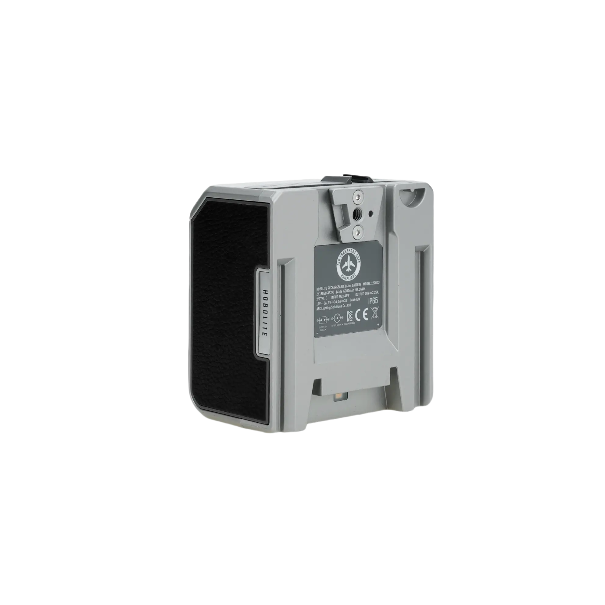 Hobolite Max 99Wh V-Mount battery pack: silver frame, black textured side panel with HOBOLITE logo, rear IP65 rating.