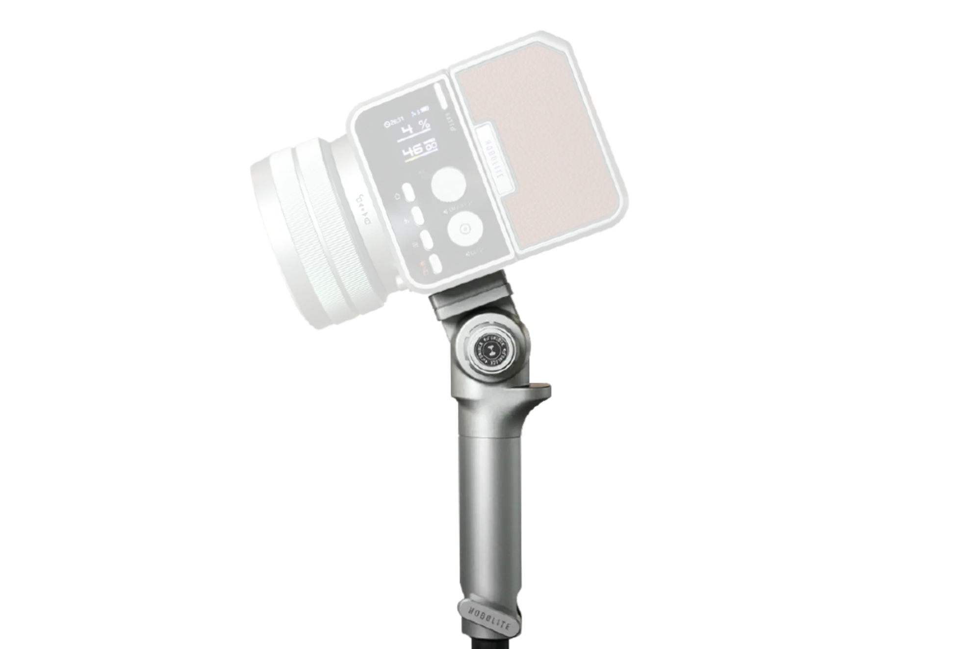 Professional silver camera handle with precise 180° ratcheting pivot for lighting equipment.