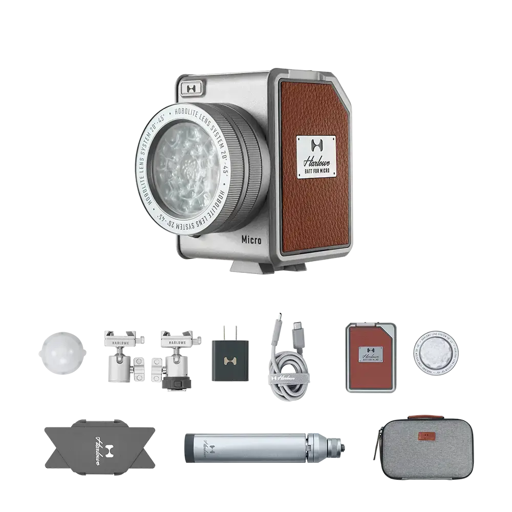 Harlowe Micro LED light kit with leatherette panel, diffusion dome, accessories, battery, dock, USB cable, adapter, and case.