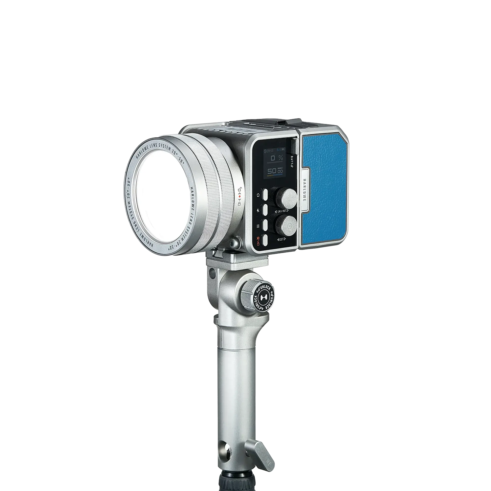 Harlowe Max-X 40W professional LED video light with silver body, circular lens, digital controls, and blue accent panel, mounted on adjustable stand.