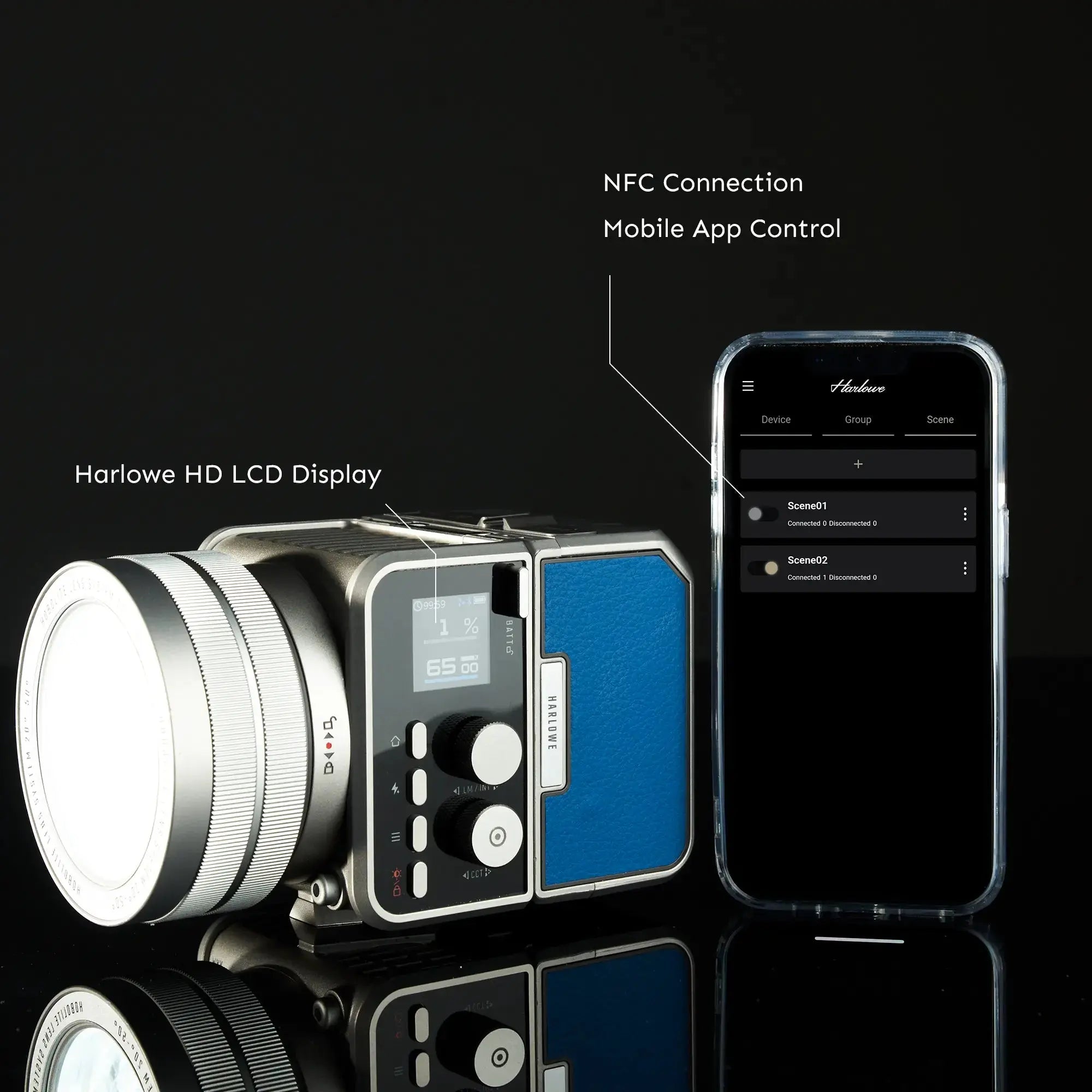 Harlowe Max-X 40W LED light with silver/blue body and HD LCD display, controlled via NFC mobile app on smartphone.