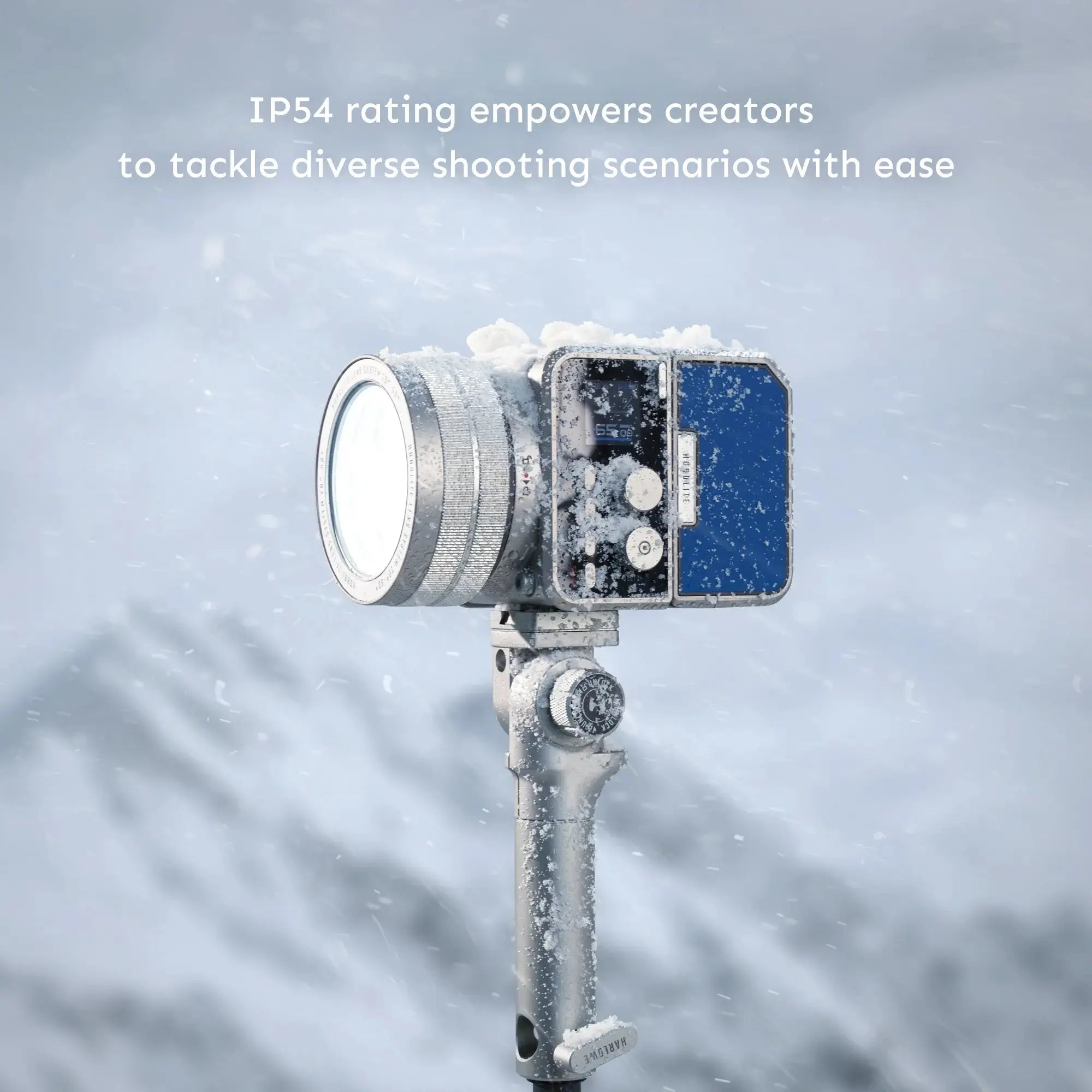 Harlowe Max-X 40W LED light in snow, showcasing IP54 weather resistance for outdoor videography.