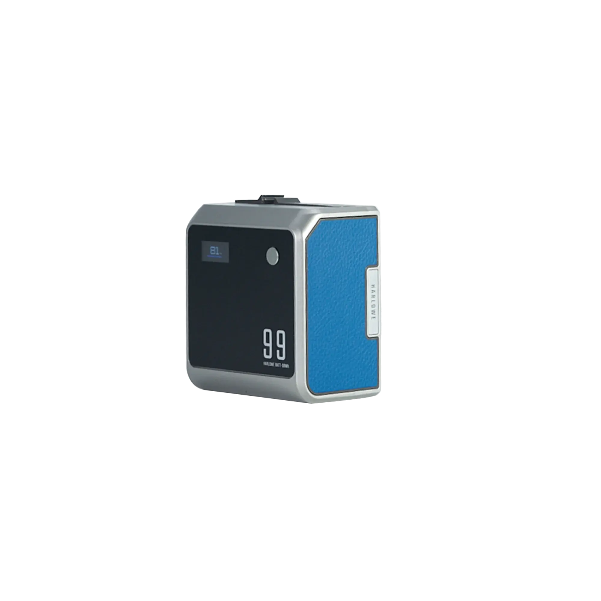 Compact Harlowe Max-X 40W LED photography light with silver metal body and blue accent panel, digital display showing battery level.