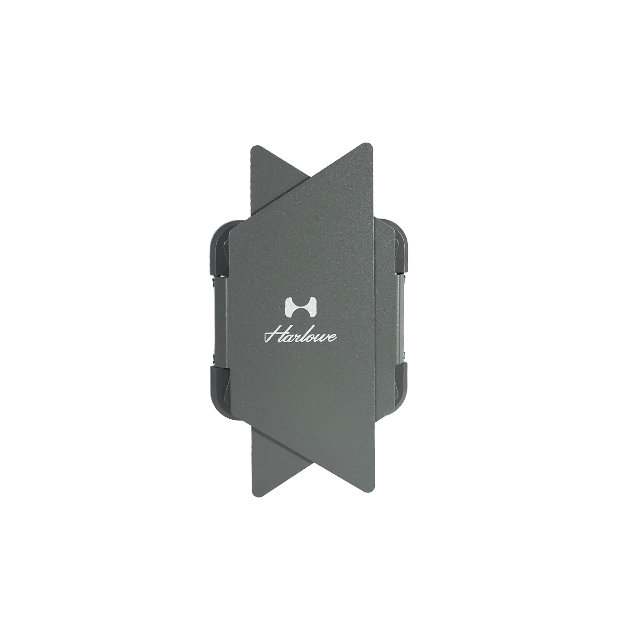 Harlowe Max-X 40W LED light, compact grey design with angular panels and Harlowe logo, for videography and photography.