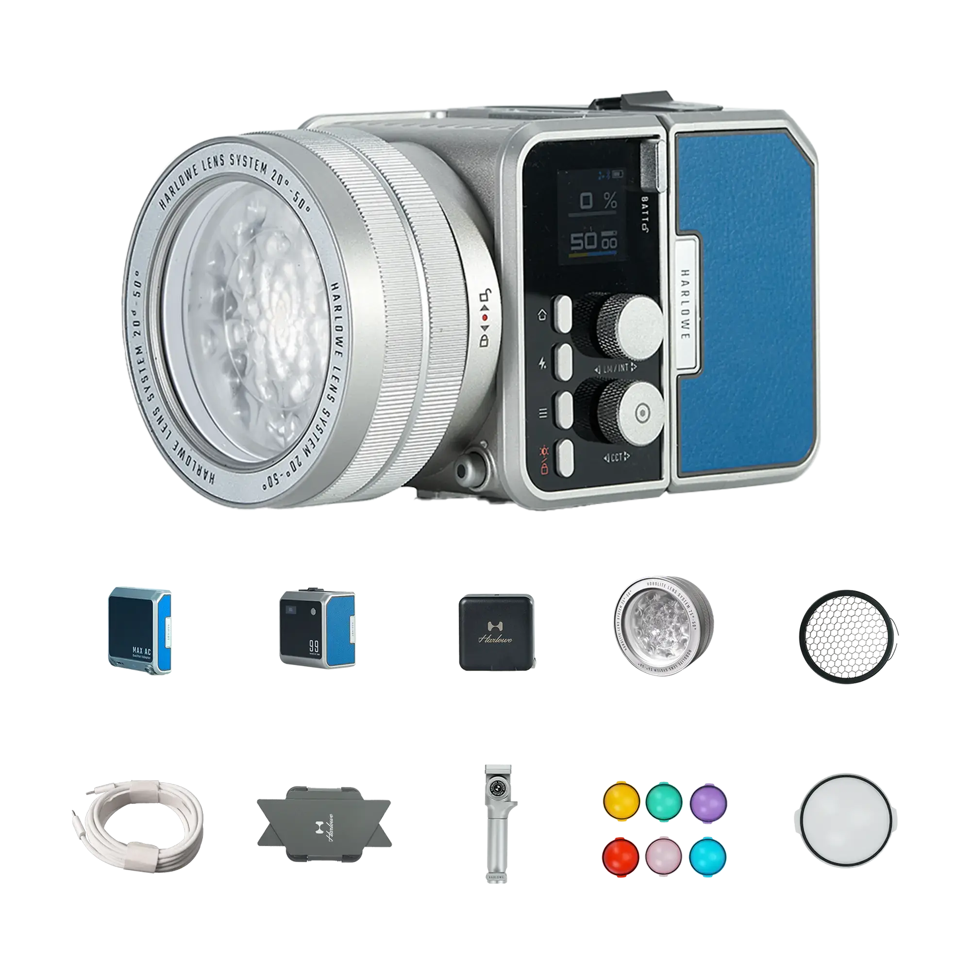 Harlowe Max-X 40W LED light kit, silver body, blue panel, LCD display, color gels, diffusion domes.