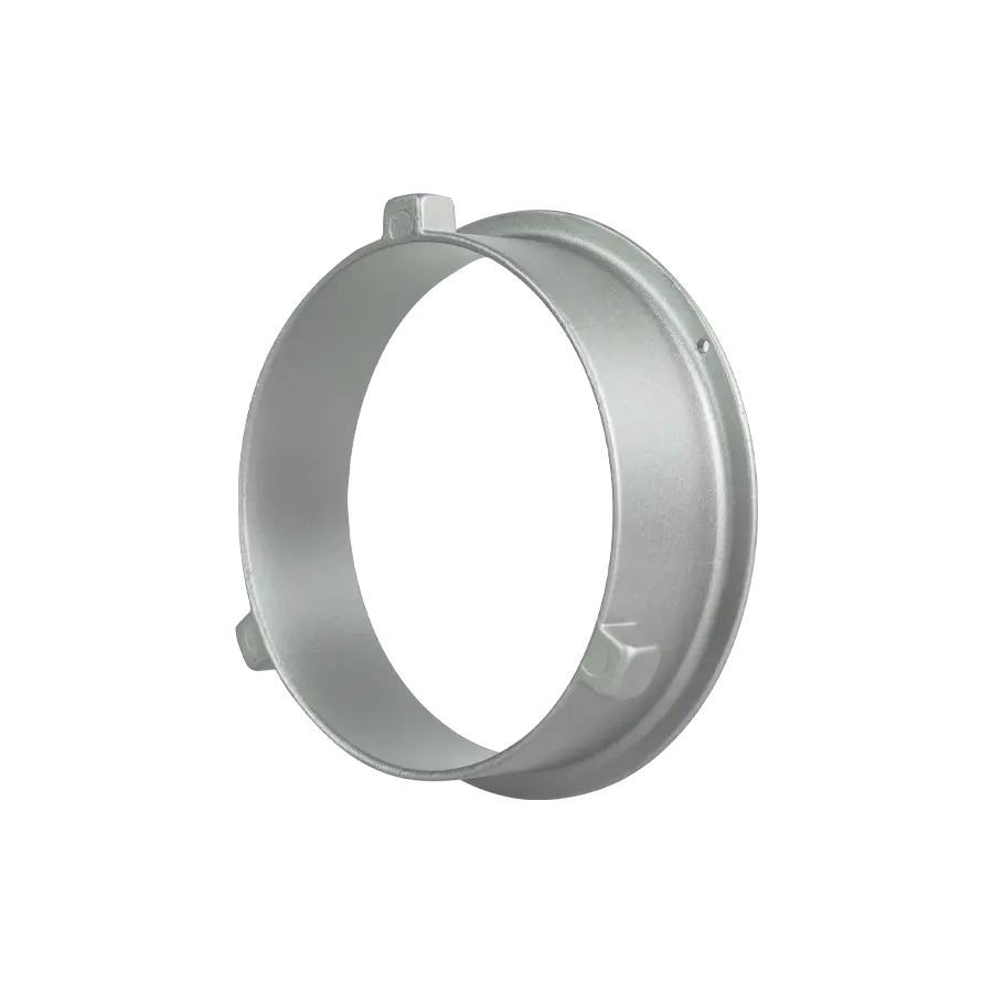 Quick Release Softbox Bowens Mount Adapter made of silver cast aluminum with a matte finish and textured surface.