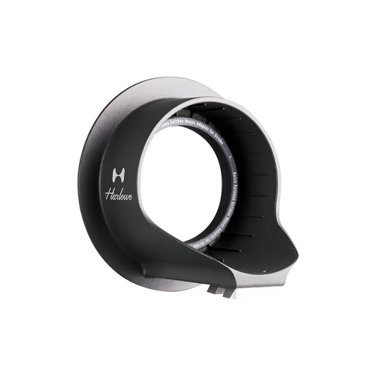 Harlowe Quick Release Softbox Mount Adapter for Strobe, black and silver cast aluminum with Harlowe logo.