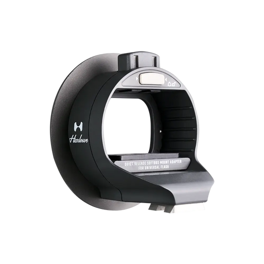 Harlowe Quick Release Softbox Mount Adapter for Universal Flash, black aluminum with silver base, rotatable design.