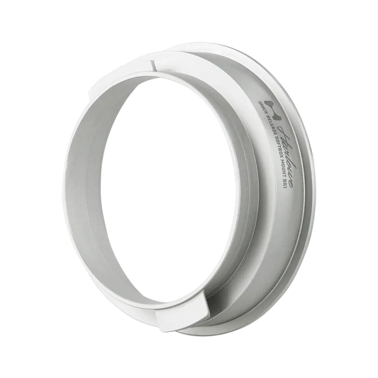 Harlowe Quick Release Softbox Mount BR1, white aluminum adapter ring with interlocking design for Broncolor flash lights.