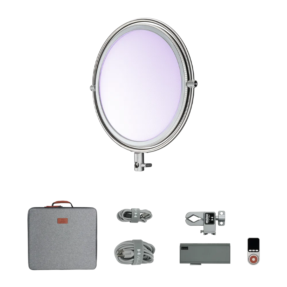 Harlowe Sol 100W round LED panel light kit with silver frame, case, cables, adapter, and remote.