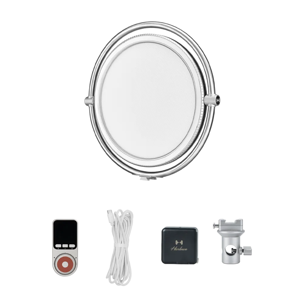 Harlowe Sol 40W LED panel light kit with remote, cable, adapter, and mount.