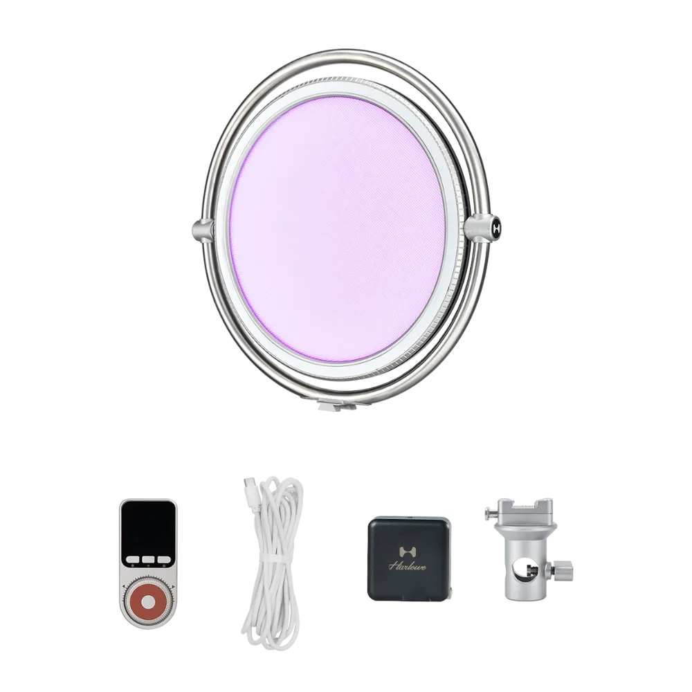 Harlowe Sol 40W LED panel light with silver frame, emitting lavender light, with remote, cable, adapter, and mount.