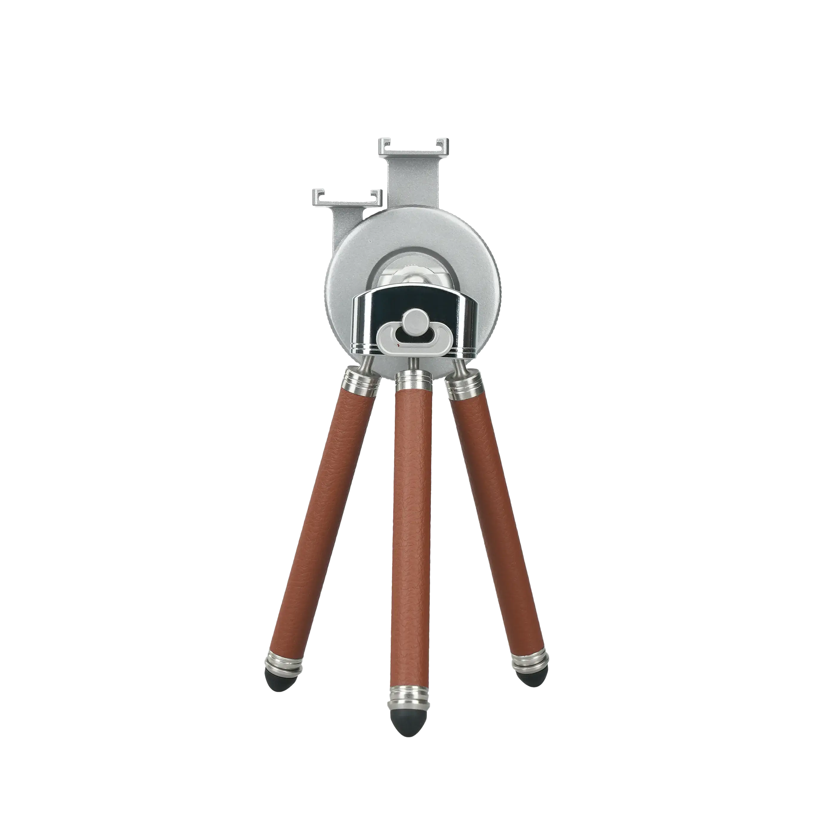 Harlowe Tabletop Tripod for MagSafe with silver magnetic mount and brown leather legs for mobile photography.