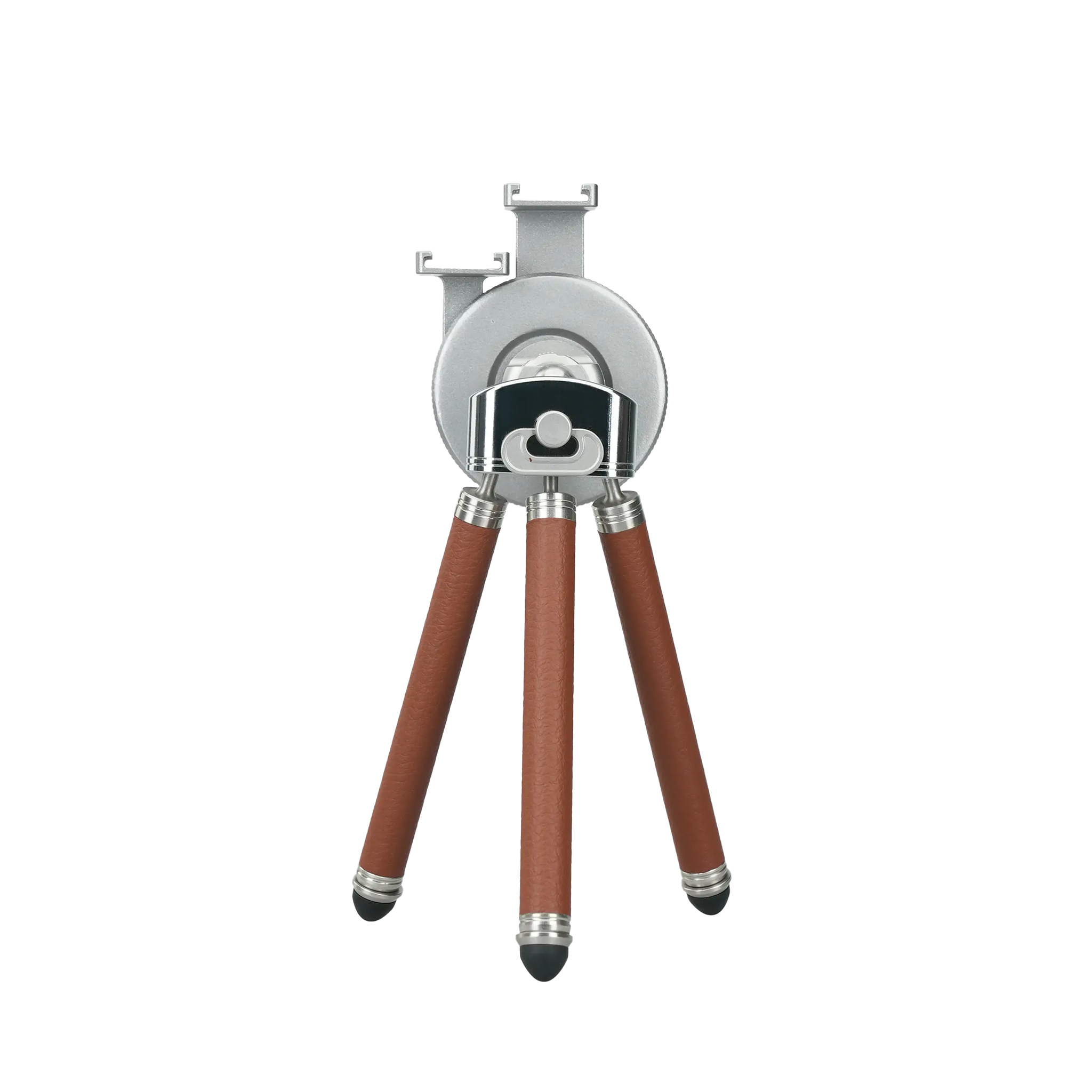 Harlowe Tabletop Tripod for MagSafe with silver magnetic mount and brown leather legs for mobile photography.