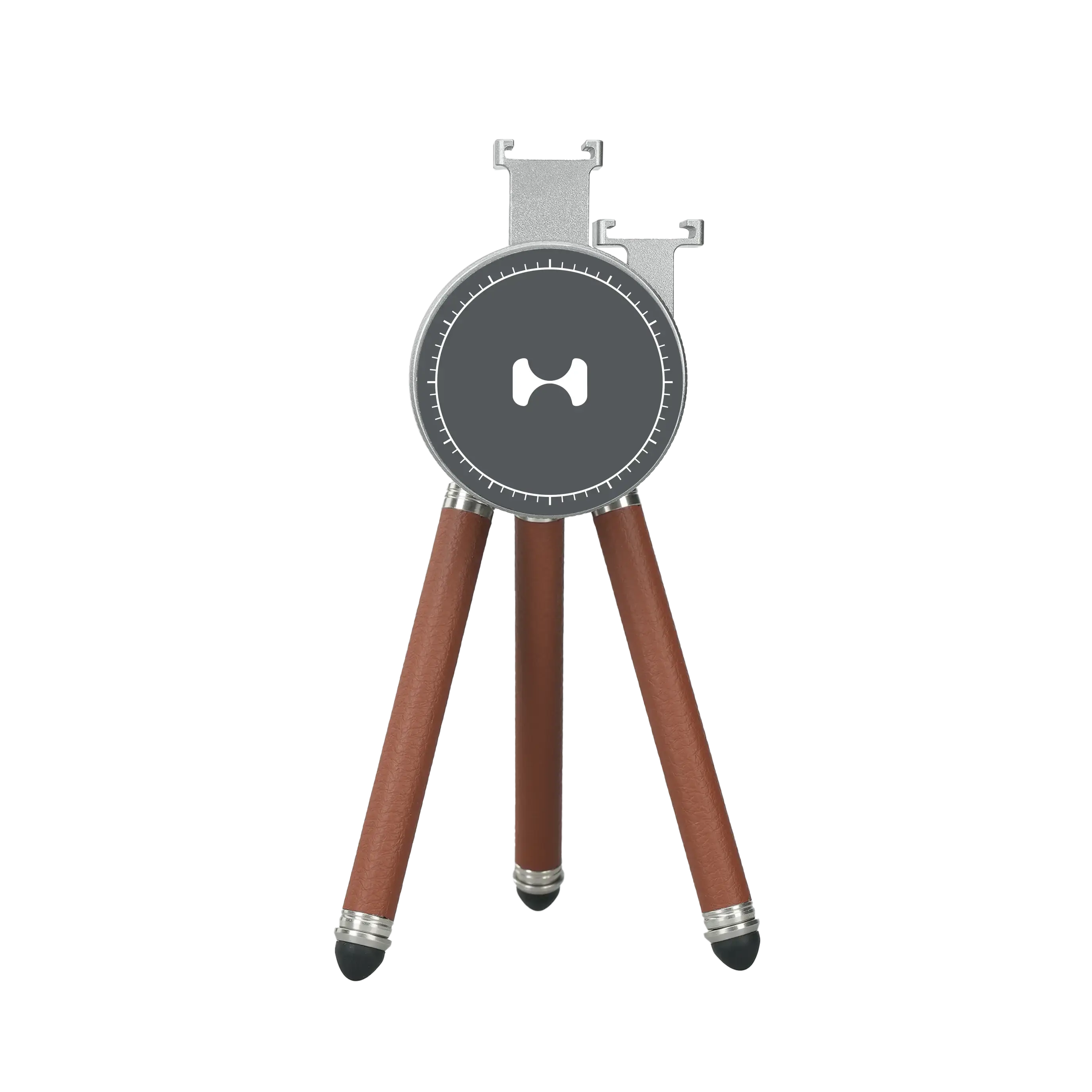 Harlowe Tabletop Tripod for MagSafe: charcoal head, brown leather legs, silver accents. Ideal for mobile photography.