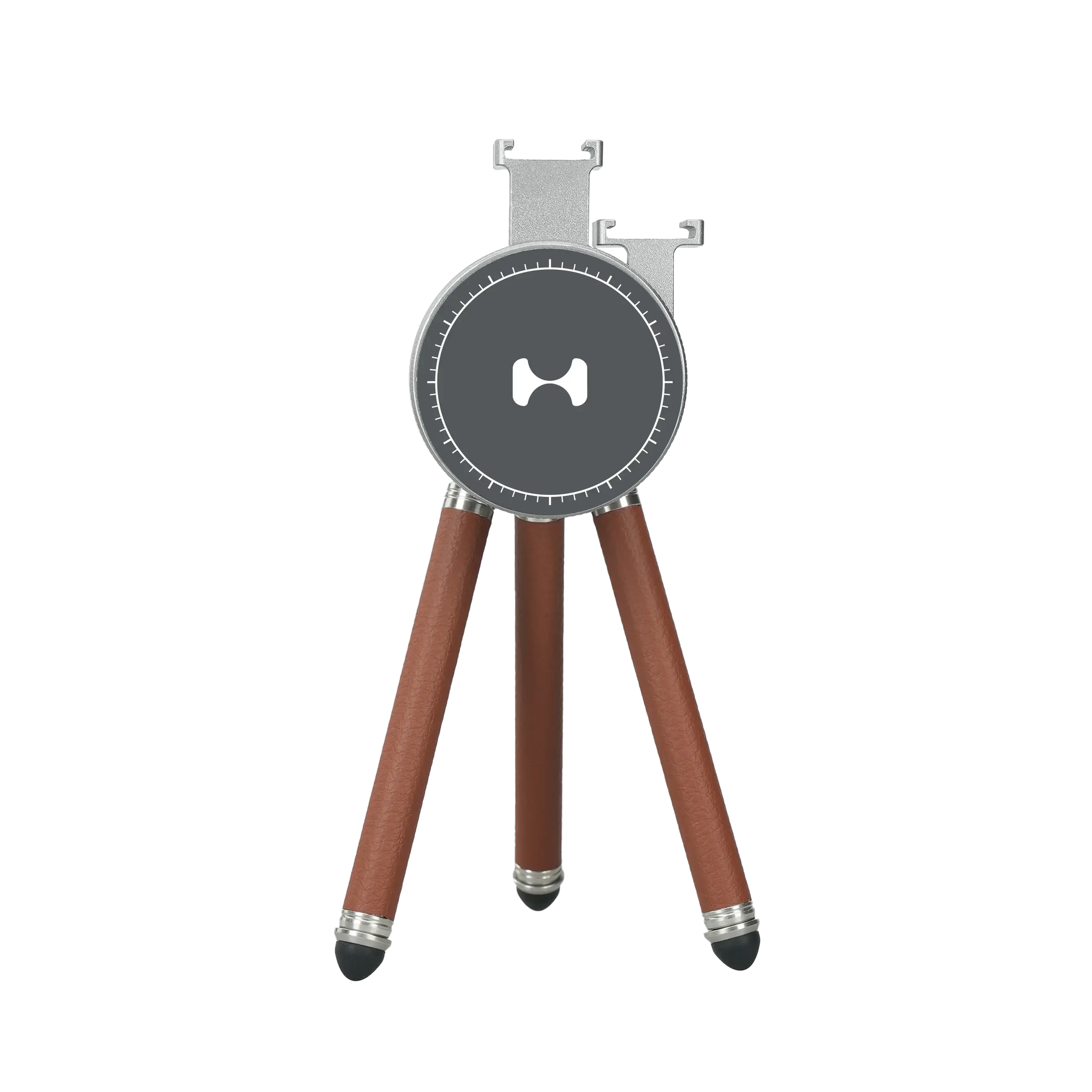 Harlowe Tabletop Tripod for MagSafe: charcoal head, brown leather legs, silver accents. Ideal for mobile photography.