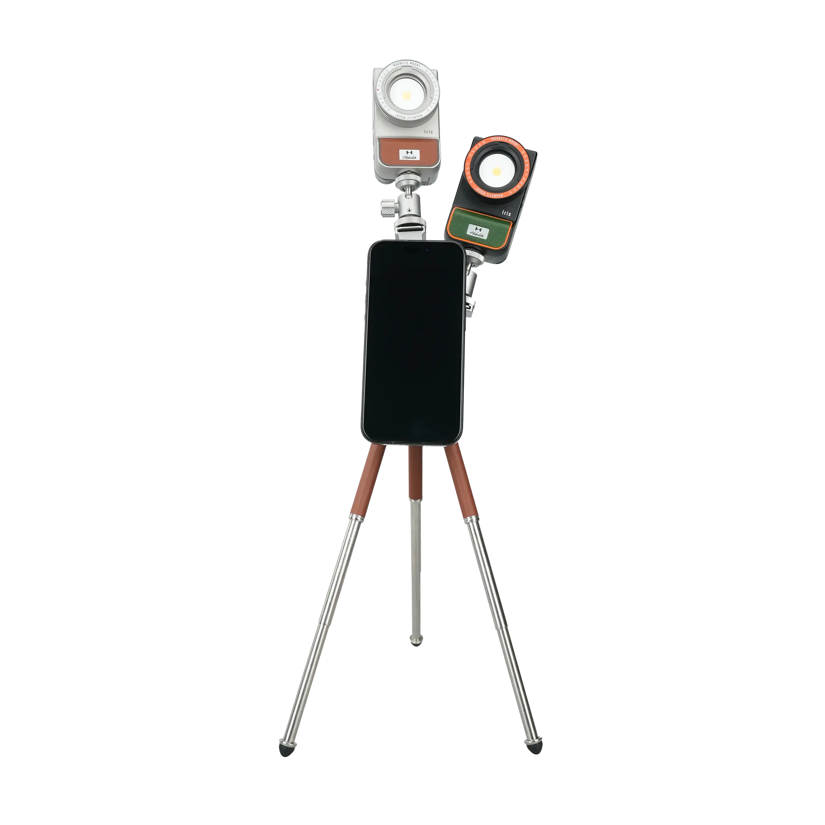 Harlowe Tabletop Tripod with silver legs, brown grips, phone, and dual LED lights for content creation.