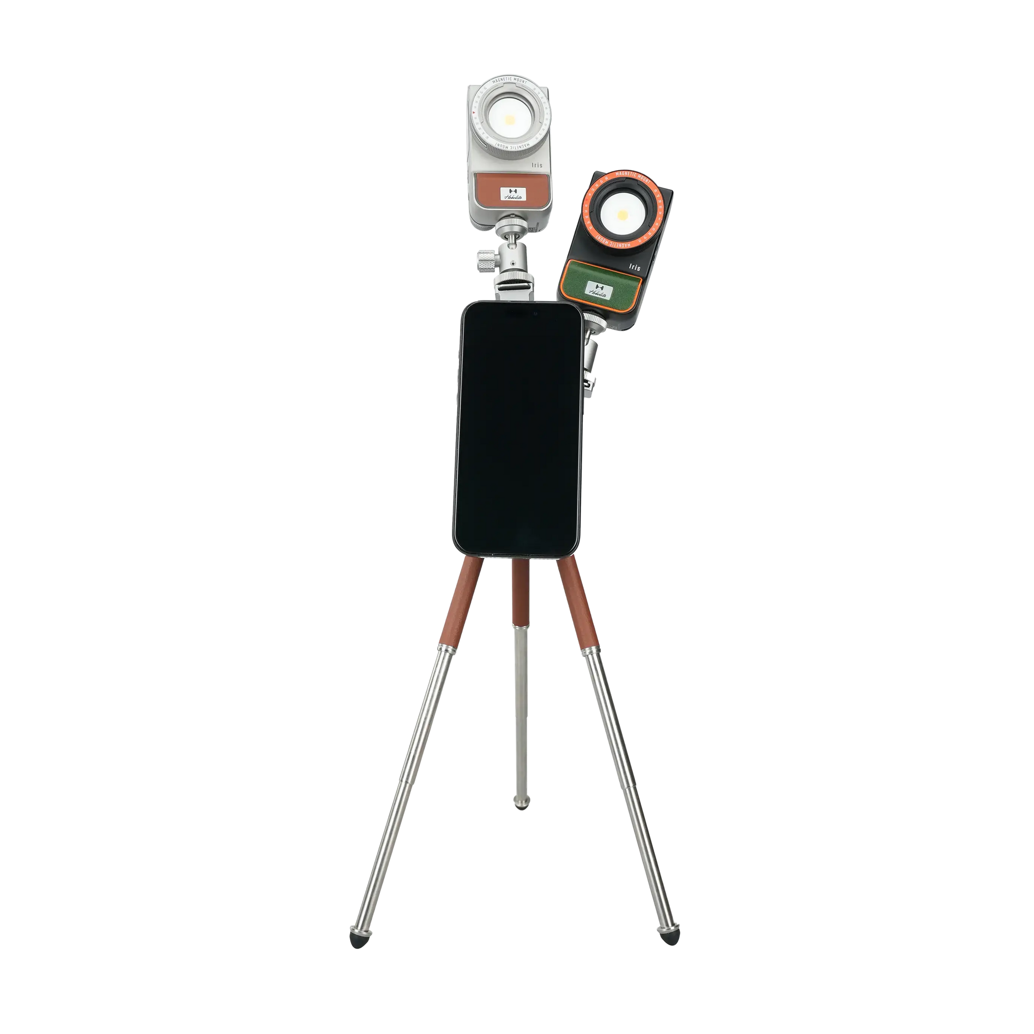 Harlowe Tabletop Tripod with silver legs, brown grips, phone, and dual LED lights for content creation.