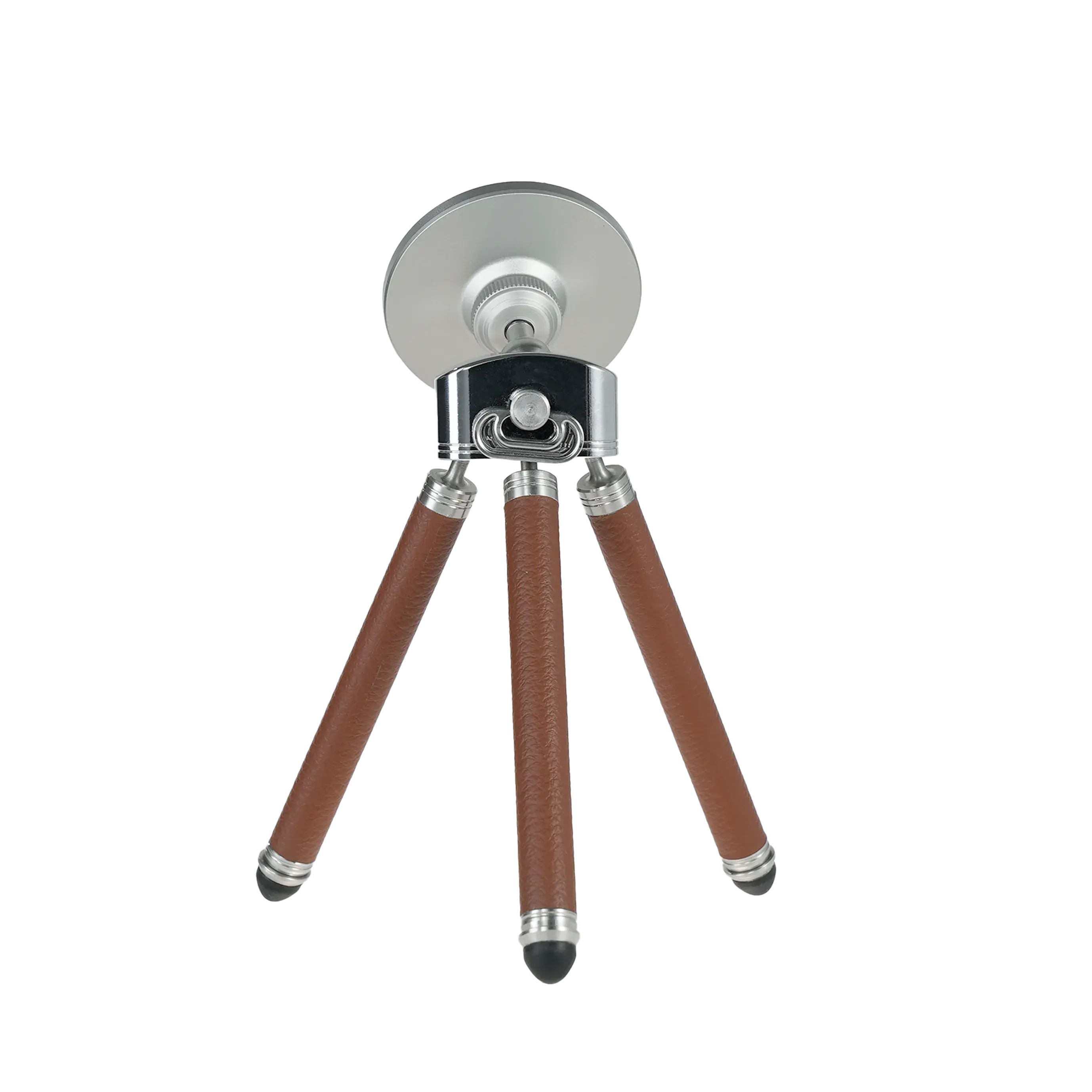 Harlowe Tabletop Tripod for MagSafe with brown leather textured legs and silver accents.