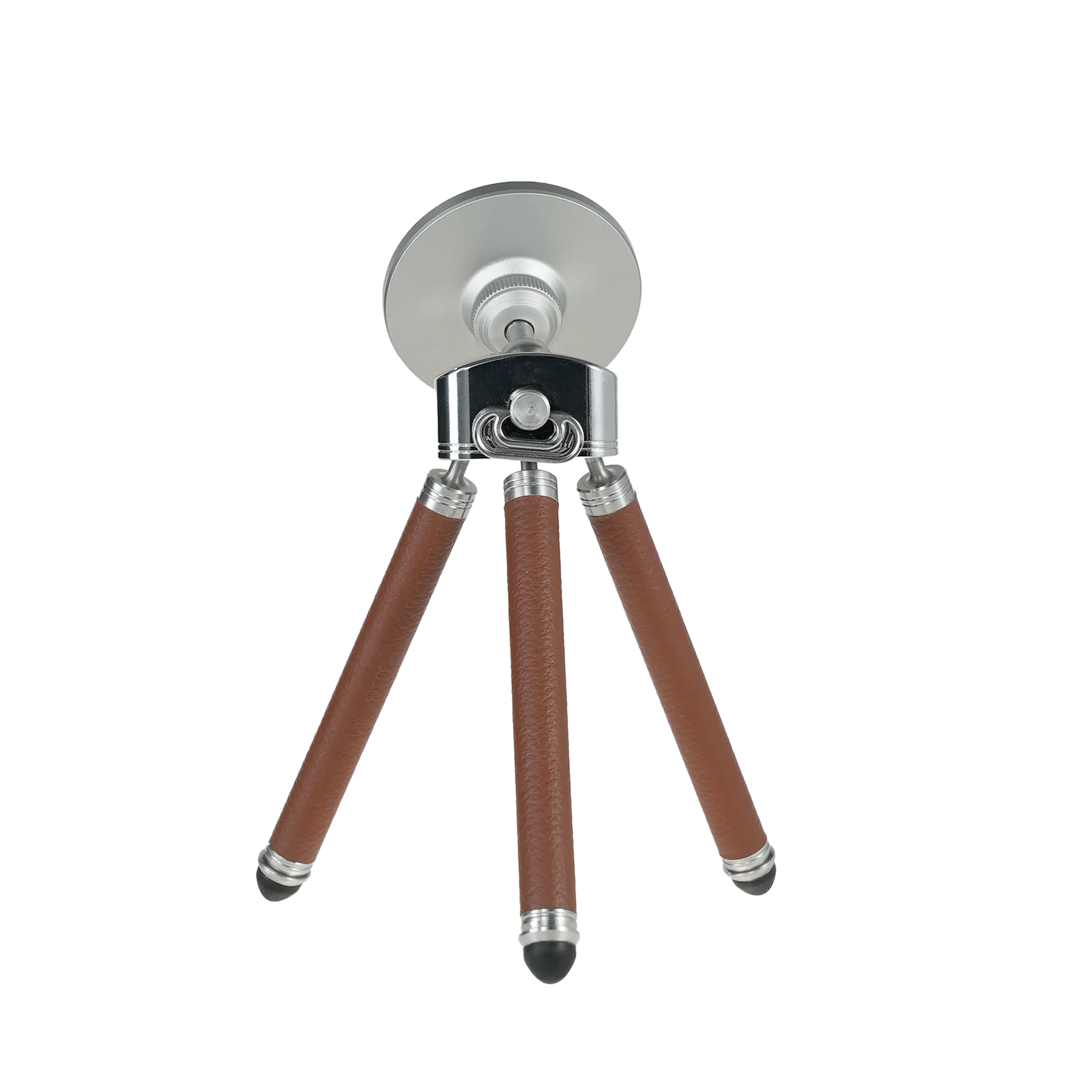 Harlowe Tabletop Tripod for MagSafe with brown leather textured legs and silver accents.