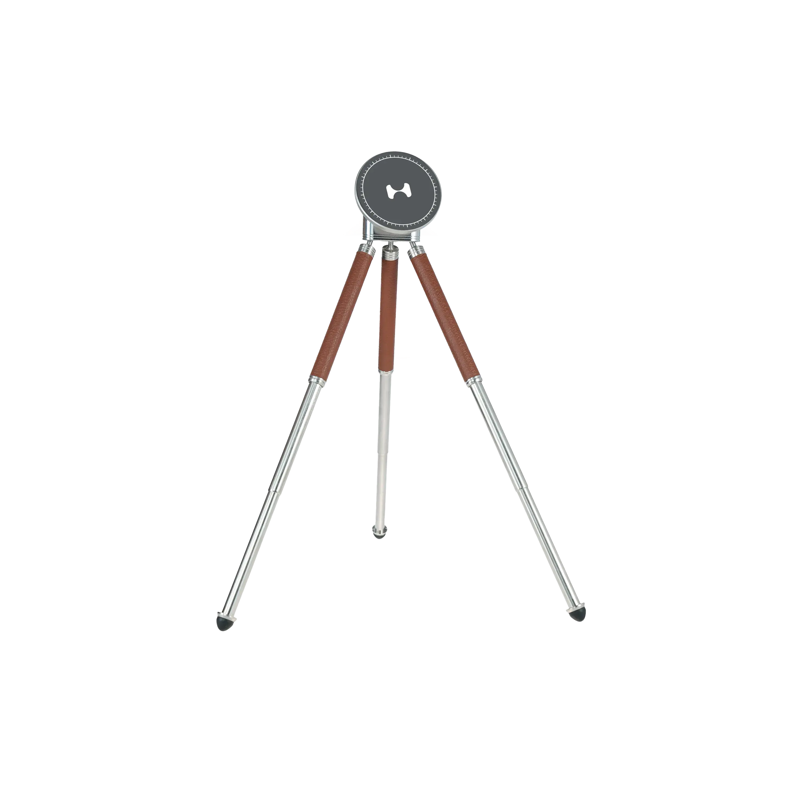 Harlowe Tabletop Tripod for MagSafe with brown leather and silver legs, featuring a magnetic mount for mobile photography.
