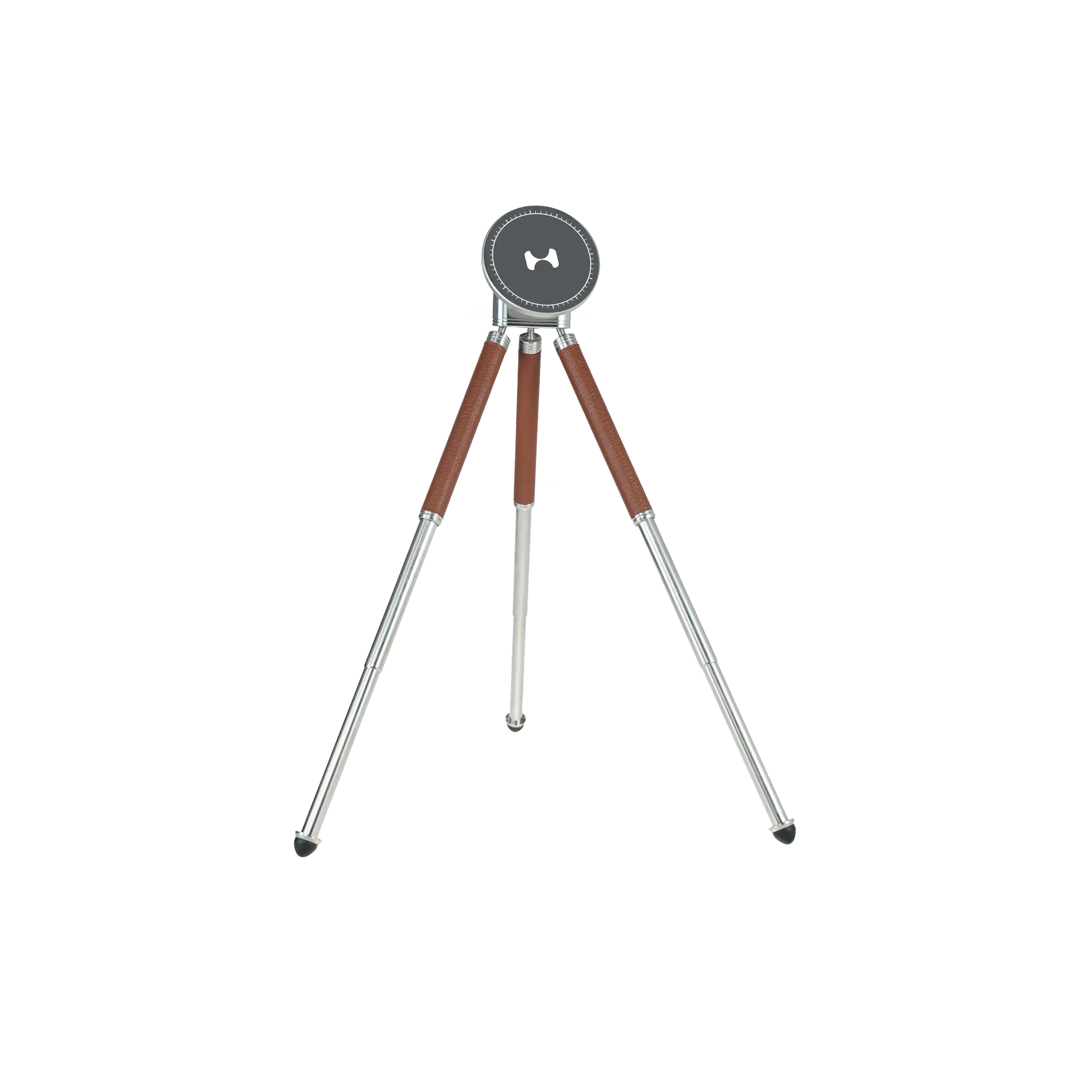 Harlowe Tabletop Tripod for MagSafe with brown leather and silver legs, featuring a magnetic mount for mobile photography.