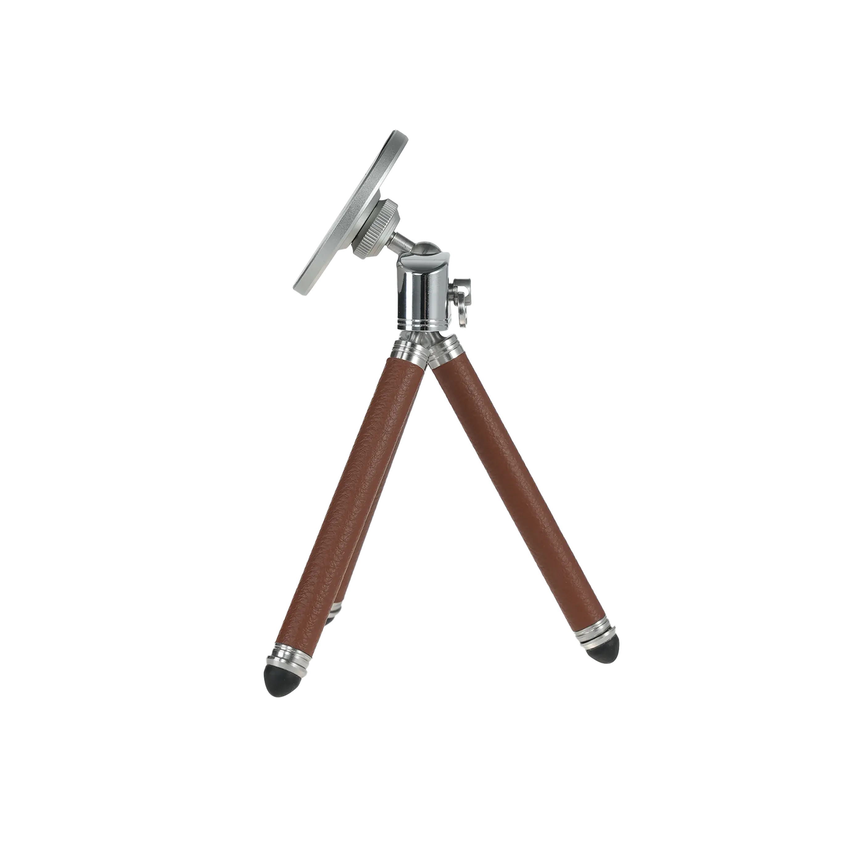 Harlowe Tabletop Tripod for MagSafe with brown leather legs and silver magnetic mount.