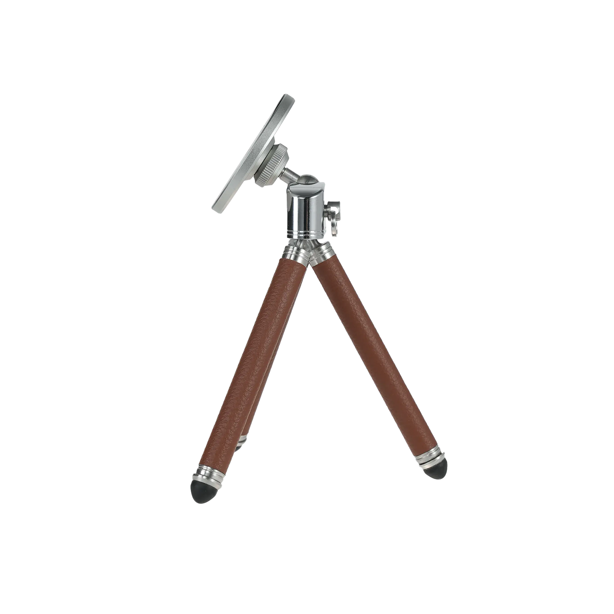 Harlowe Tabletop Tripod for MagSafe with brown leather legs and silver magnetic mount.