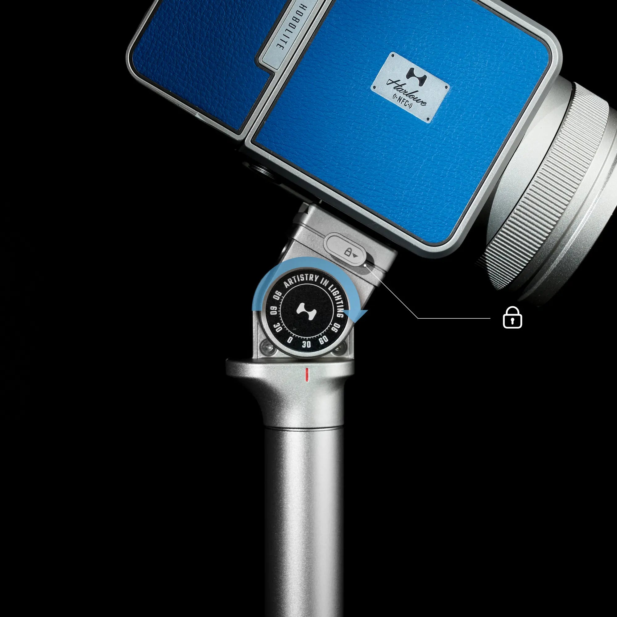 Max-X 80W LED light: silver metal body, blue panel, adjustable dial. Precision design for videography & photography.