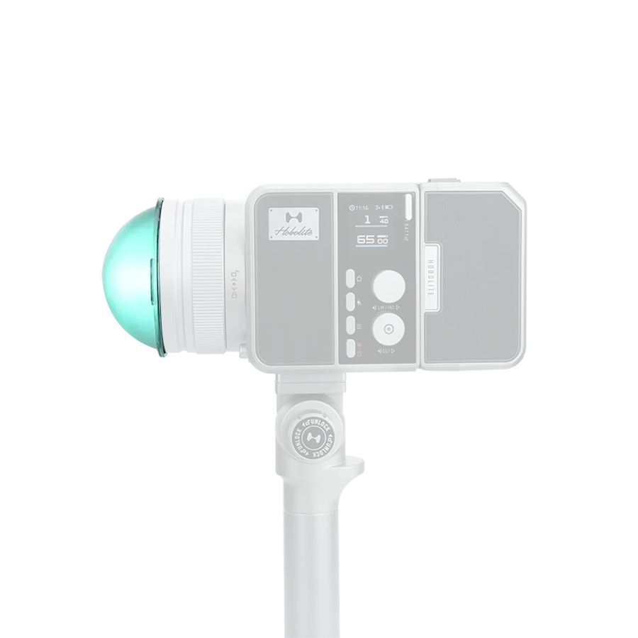 Harlowe MAX series LED light with translucent teal magnetic dome gel, showcasing modular design.