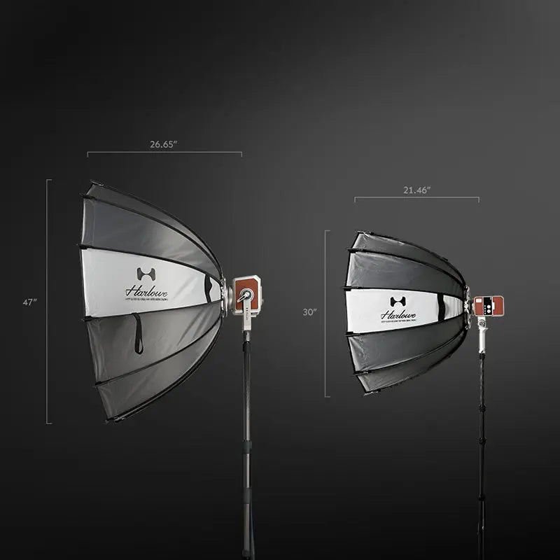 Harlowe 30-inch and 47-inch deep softbox lighting modifiers side-by-side comparison.