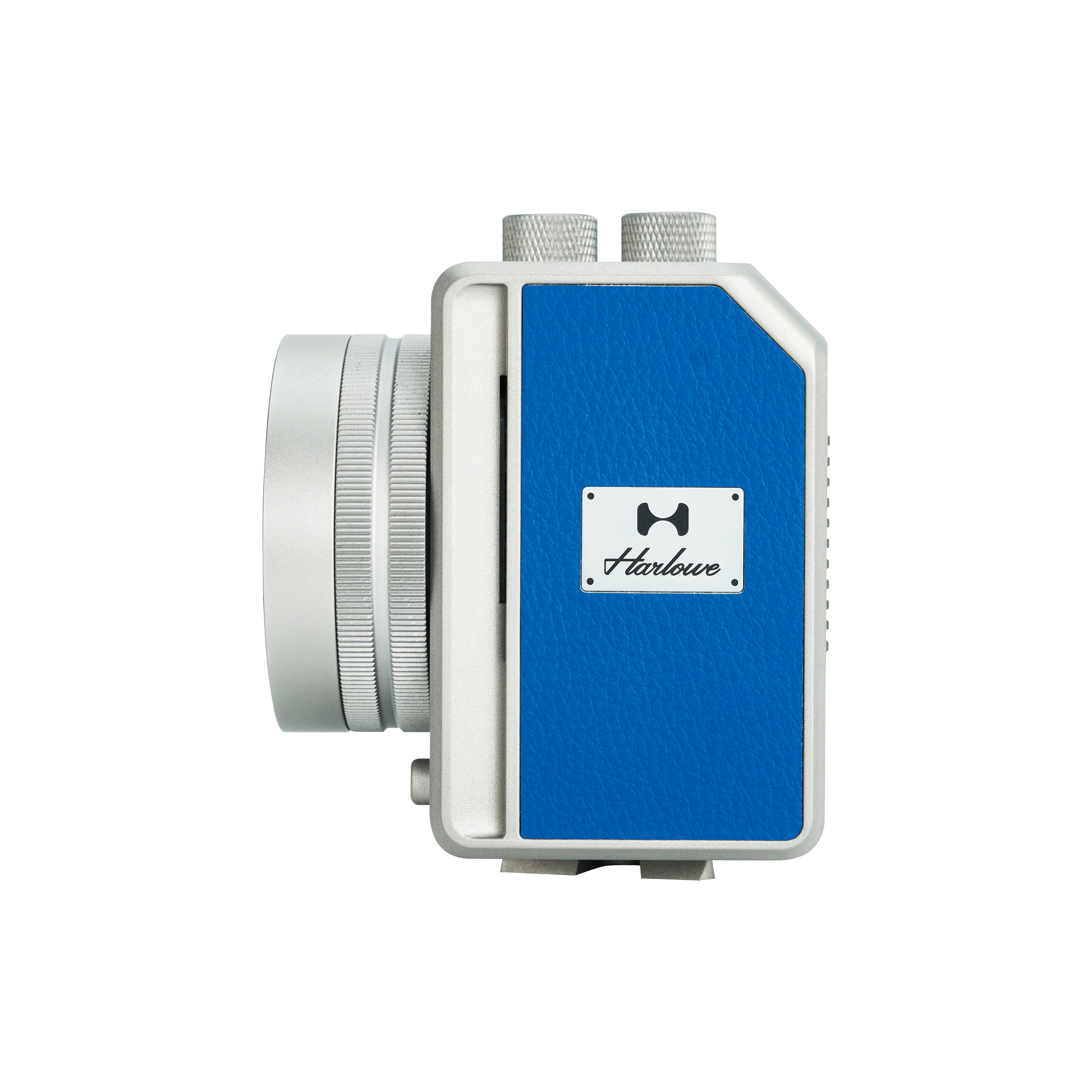 Harlowe Mini II-X 20W Creator Kit blue side panel with focusable lens, left profile on white background.